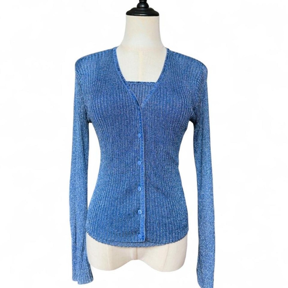 Via Vittoria Cardigan Set Women M Blue Metallic Ribbed 2pc Cami Y2K 90s Good